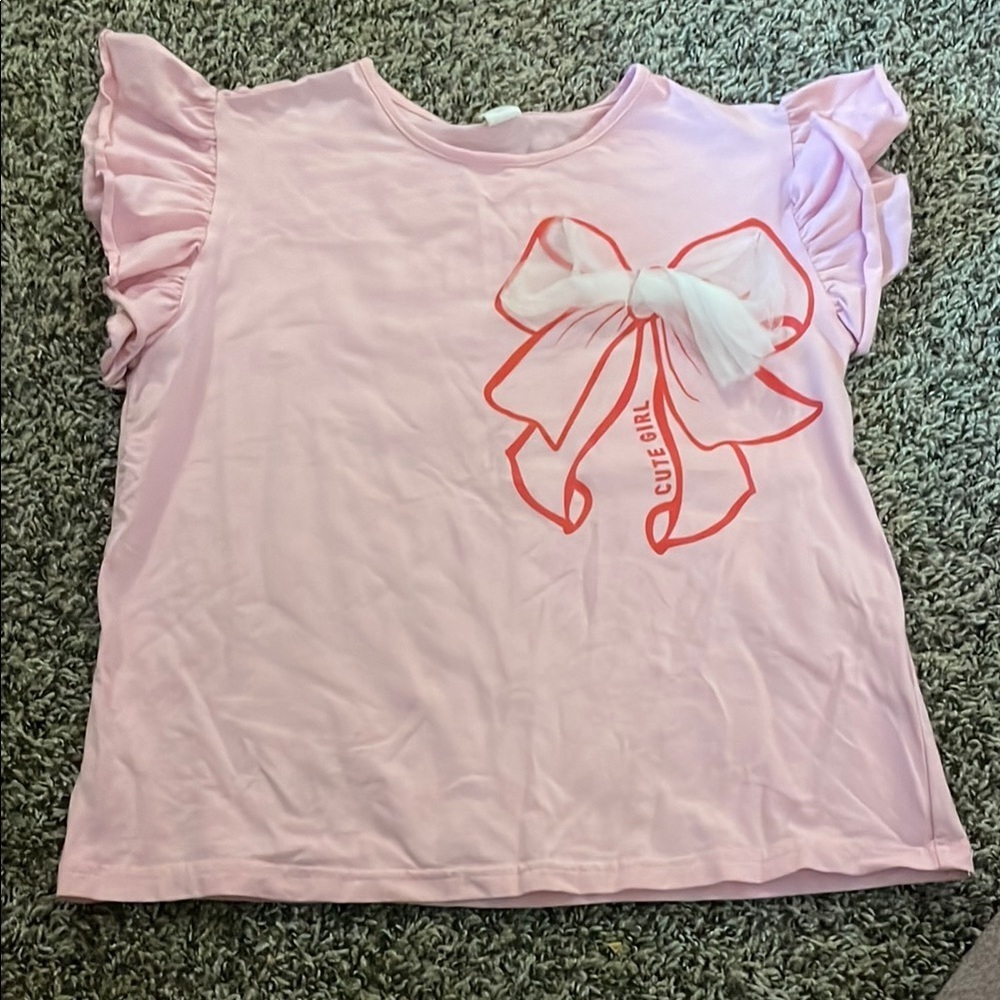 SHEIN Pink Ruffle Sleeve Tee with Bow